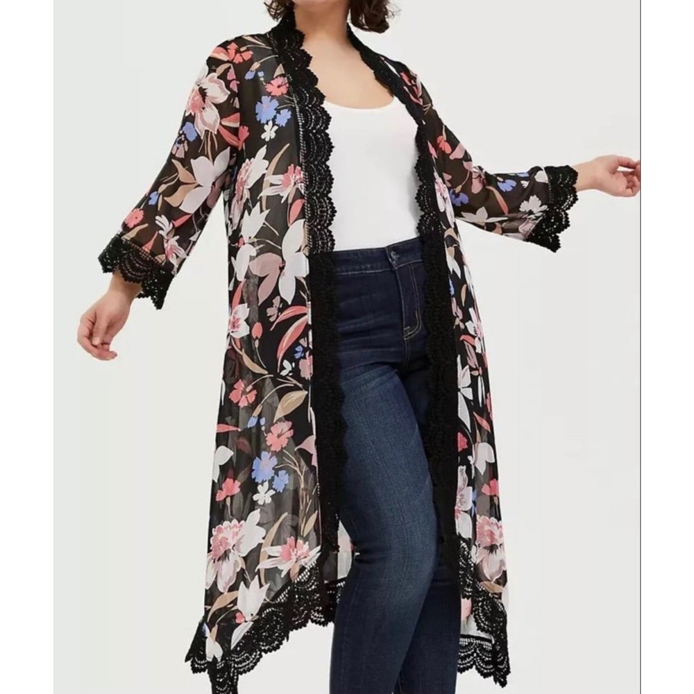 Floral Lace-Trim Sheer Duster - Black Floral